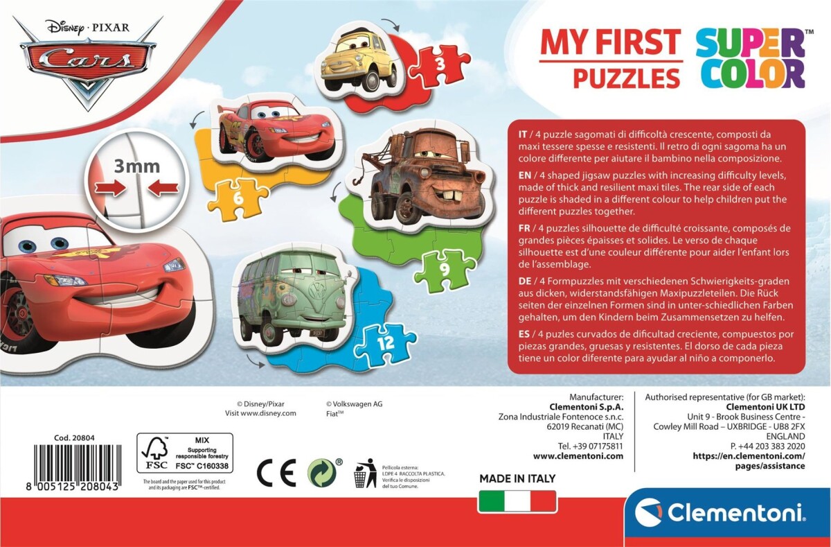 Disney Puslespil - Biler - Mit Første - Color - Clementoni - 4 Stk