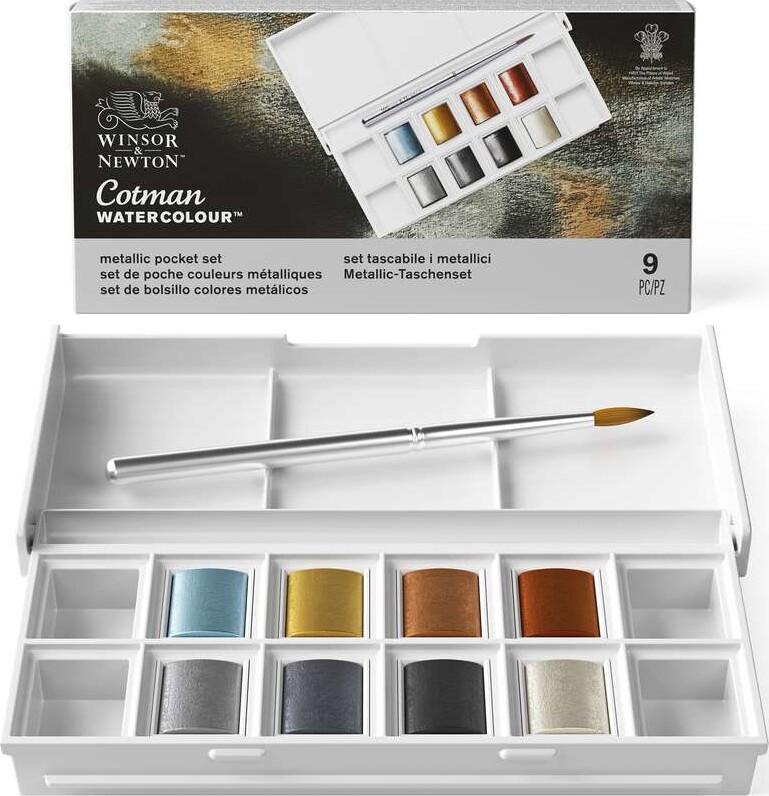 Winsor Newton - Akvarelfarve Pan Sæt - 9 Dele - Metallic Pocket