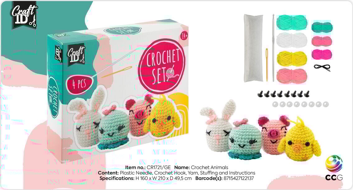 Hæklekit - Kanin Blæksprutte Kylling Og Gris - 4 Dyr - Craft Id