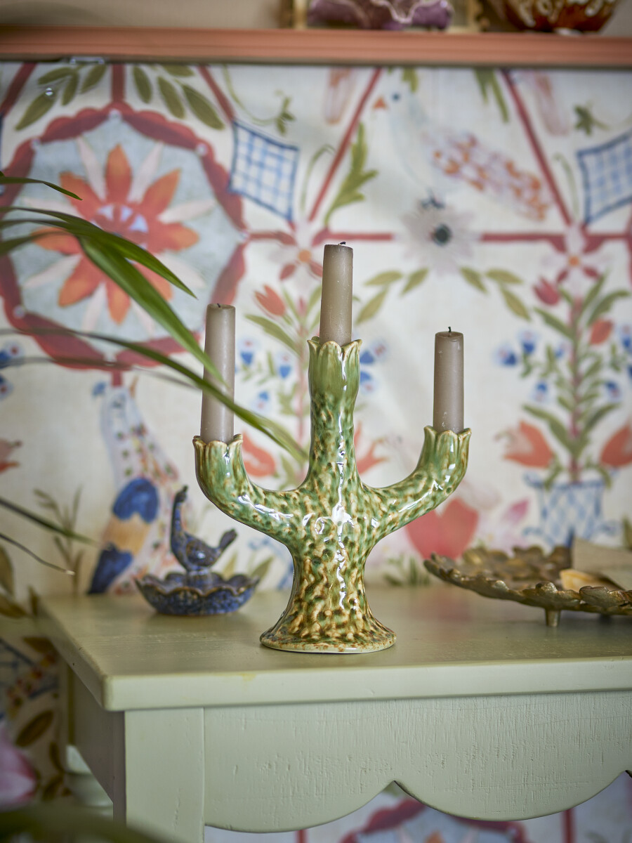 Creative Collection - Cyrill Lysestage - Grøn - Stentøj - 21 Cm