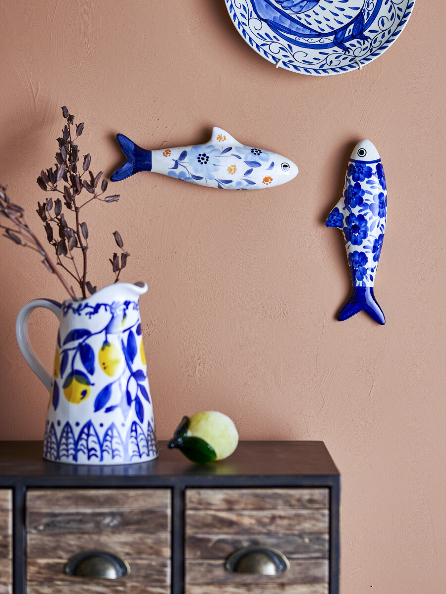 Creative Collection - Dunne Keramik Fisk Til Væg - Blå - Stentøj - 2 Stk