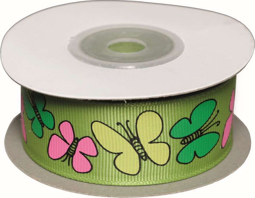 Dekobånd Grøn Msommerfugle 25Mm 10M - Polyester