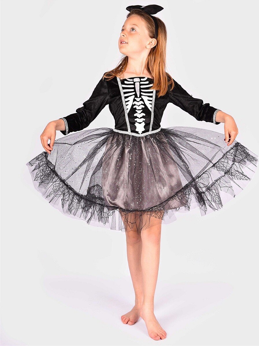 Skelet Kjole - Kostume Til Børn - 5-6 År - Den Goda Fen