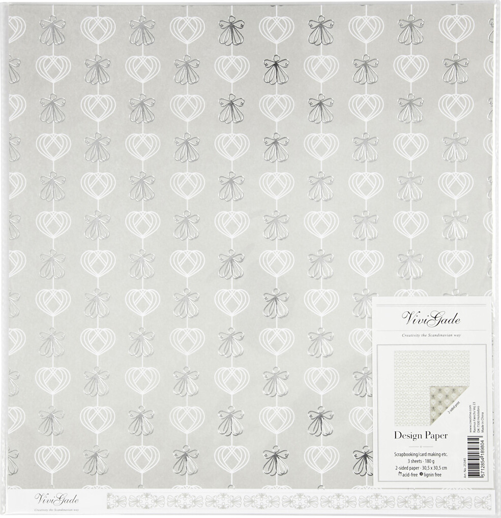 Designpapir - Engle Og Hjerter - 30 5X30 5 Cm - 180 G - Sølv - 3 Ark
