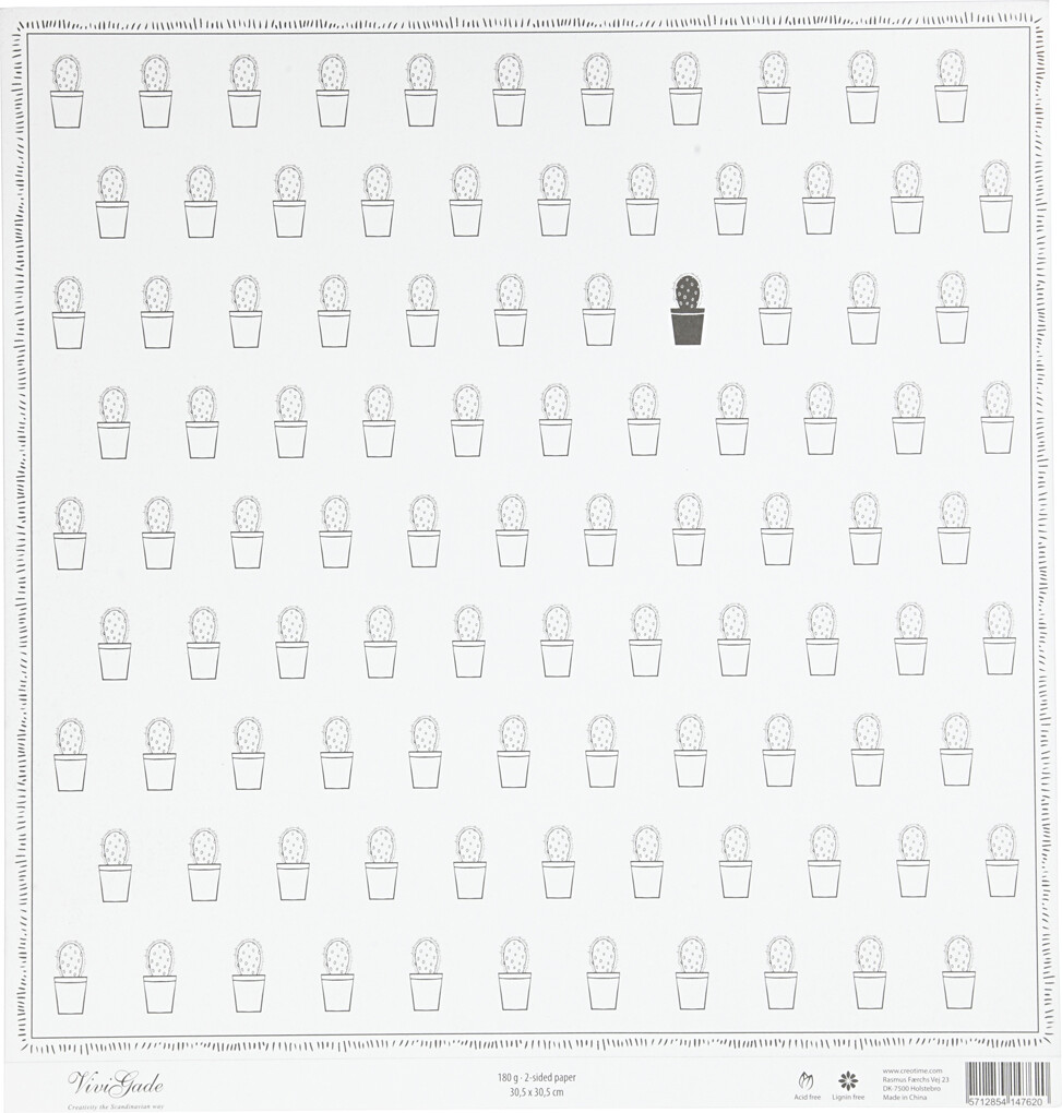 Designpapir - Kaktus - 30 5X30 5 Cm - 180 G - Sort Hvid - 5 Ark