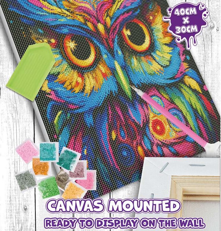 Diamond Art Painting Kit På Lærred - 30X40 Cm - Ugle - Splat