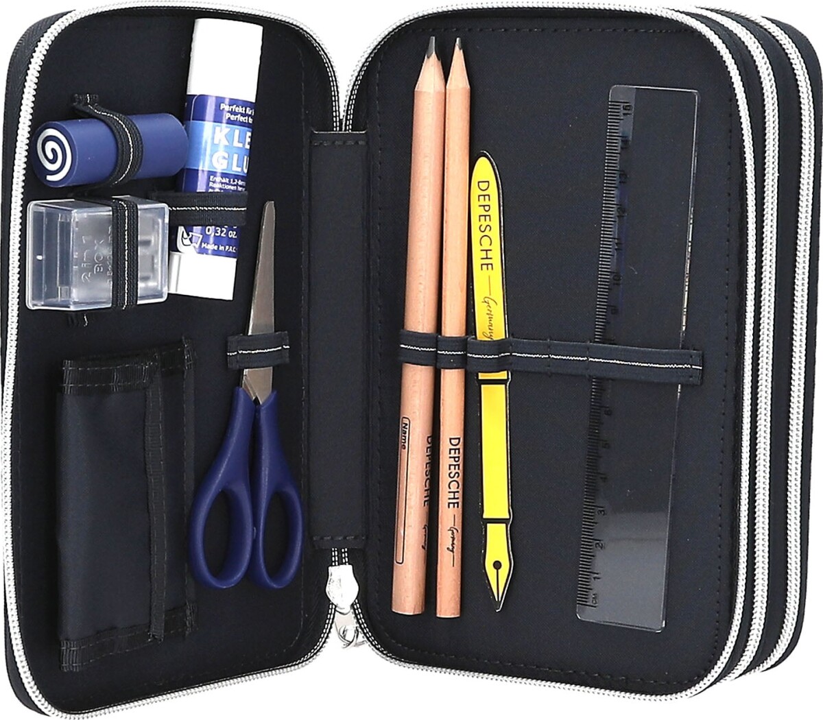 Dino World - Fyldt Penalhus Med 3 Rum - Action World - Mørkeblå