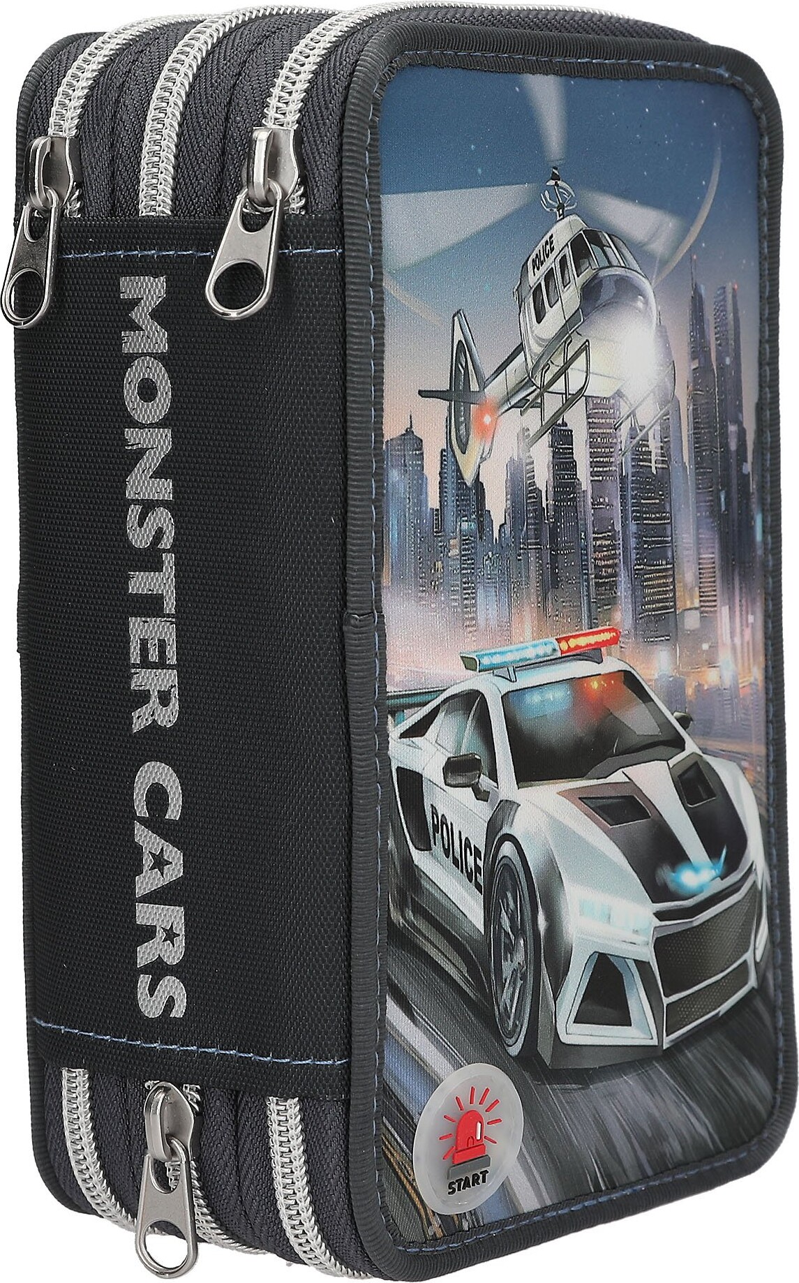 Dino World - Trippel Penalhus Med Lys Og Indhold - Monster Cars Politibil