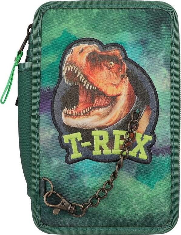 Dino World - Trippel Penalhus Med Indhold Og Kæde - T- Rex