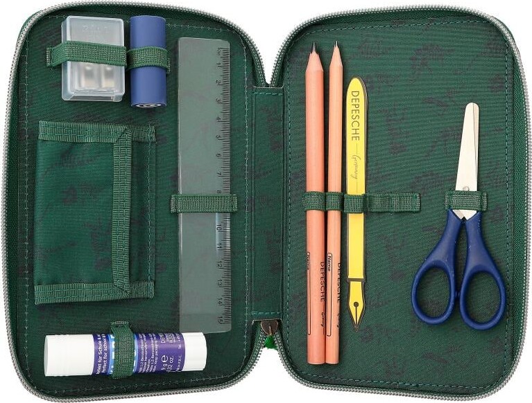 Dino World - Trippel Penalhus Med Indhold Og Kæde - T- Rex