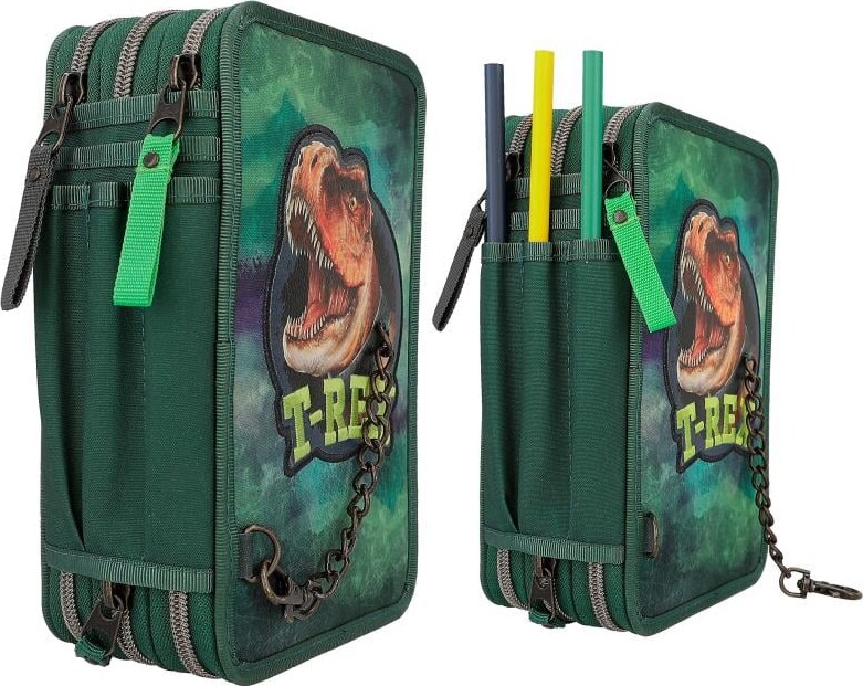 Dino World - Trippel Penalhus Med Indhold Og Kæde - T- Rex