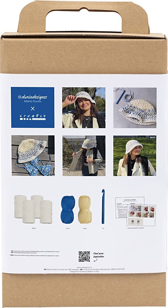 Diy Kit Hækle - Chunky Bøllehat - Blå - Lys Natur - Gul