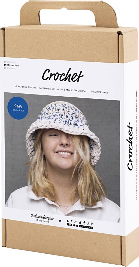 Diy Kit Hækle - Chunky Bøllehat - Blå - Lys Natur - Gul