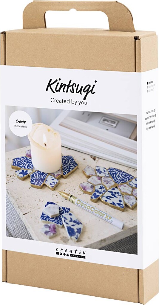 Diy Kit Kintsugi - Coasters - Blå - Guld - Lys Rød - Hvid