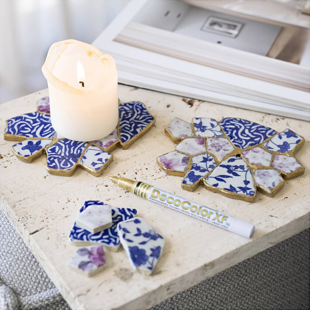 Diy Kit Kintsugi - Coasters - Blå - Guld - Lys Rød - Hvid