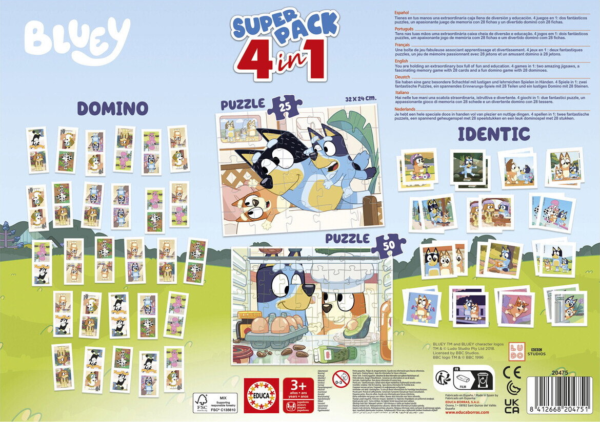 Educa - Bluey Super Pack 4-In-1 - Puzzle Domino Identic