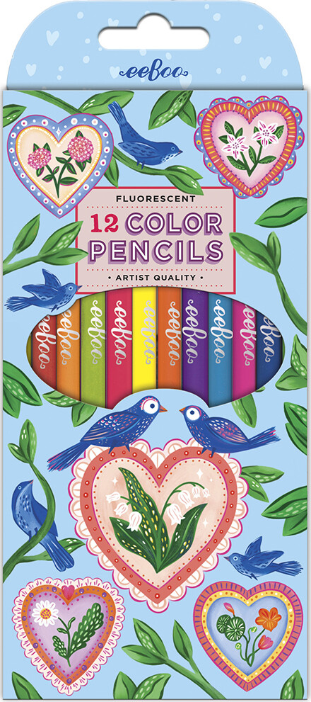 Farveblyanter - Fluorescerende - Hjerter Og Fugle - 12 Farver - Eeboo