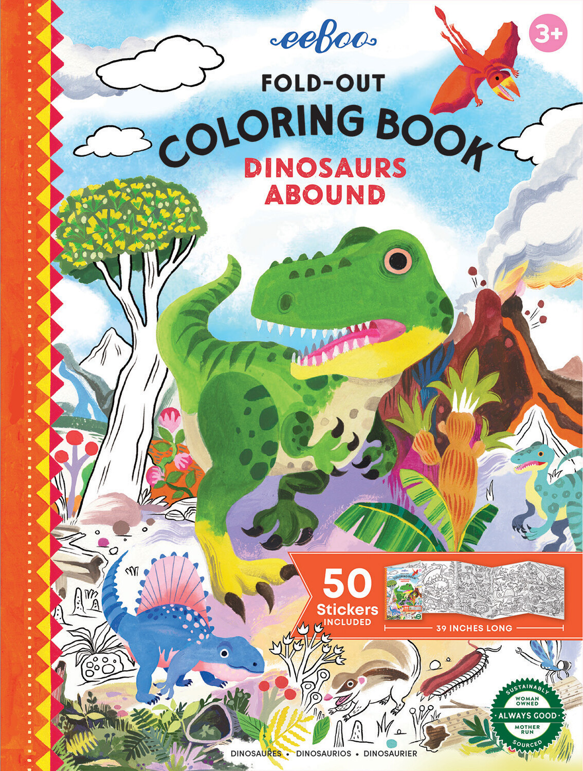 Eeboo - Malebog Med Klistermærker - Fold Ud - Dinosaurer