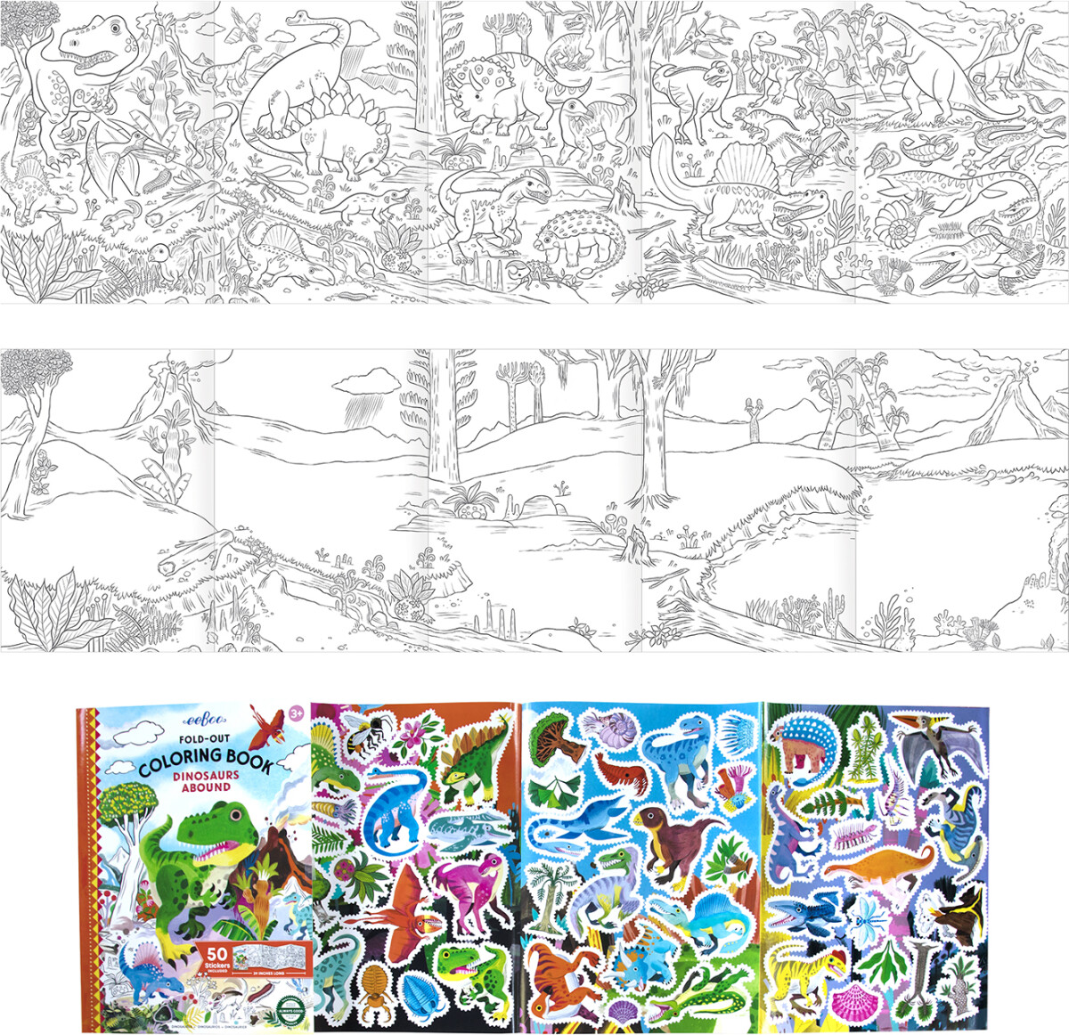 Eeboo - Malebog Med Klistermærker - Fold Ud - Dinosaurer