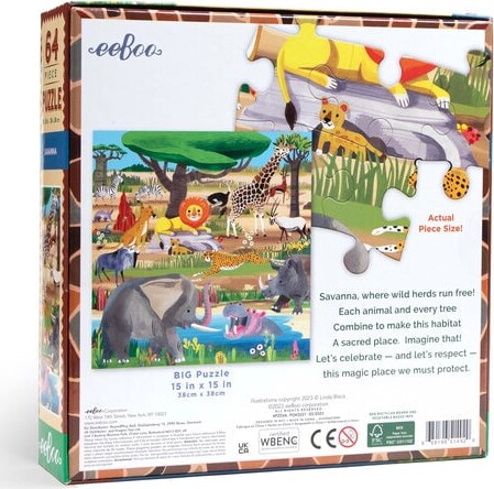 Eeboo Puslespil - Dyr På Savannen - 64 Brikker
