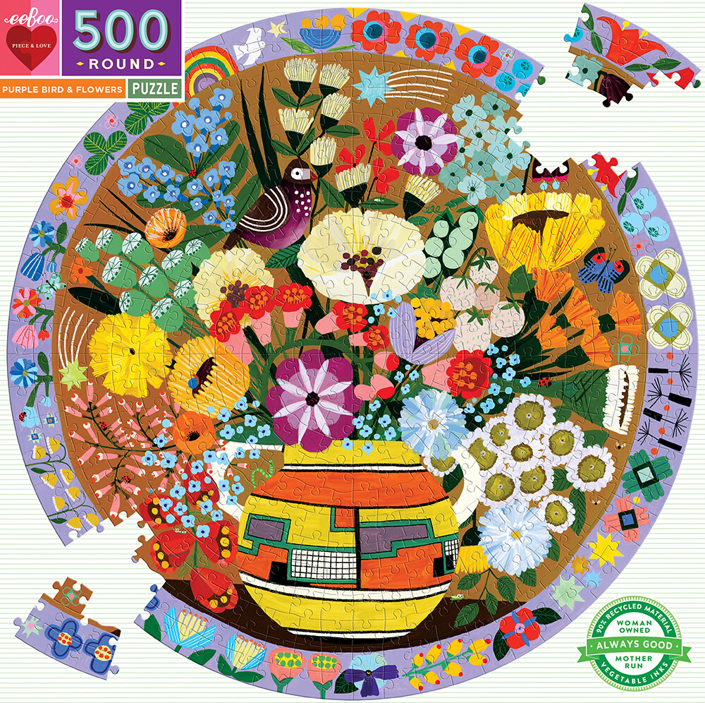 Eeboo - Puslespil - Rundt - 500 Brikker - Purple Bird And Flowers