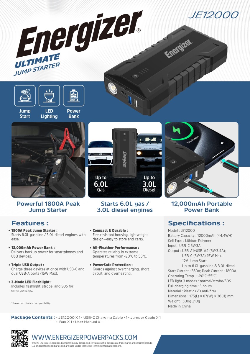 Energizer - 3-I-1 Starthjælp - 8000 Mah