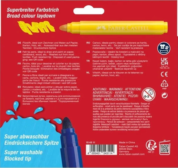 Faber-Castell - Felt Tip Pens - Supervaskbare Jumbo Tusser - 12 Stk