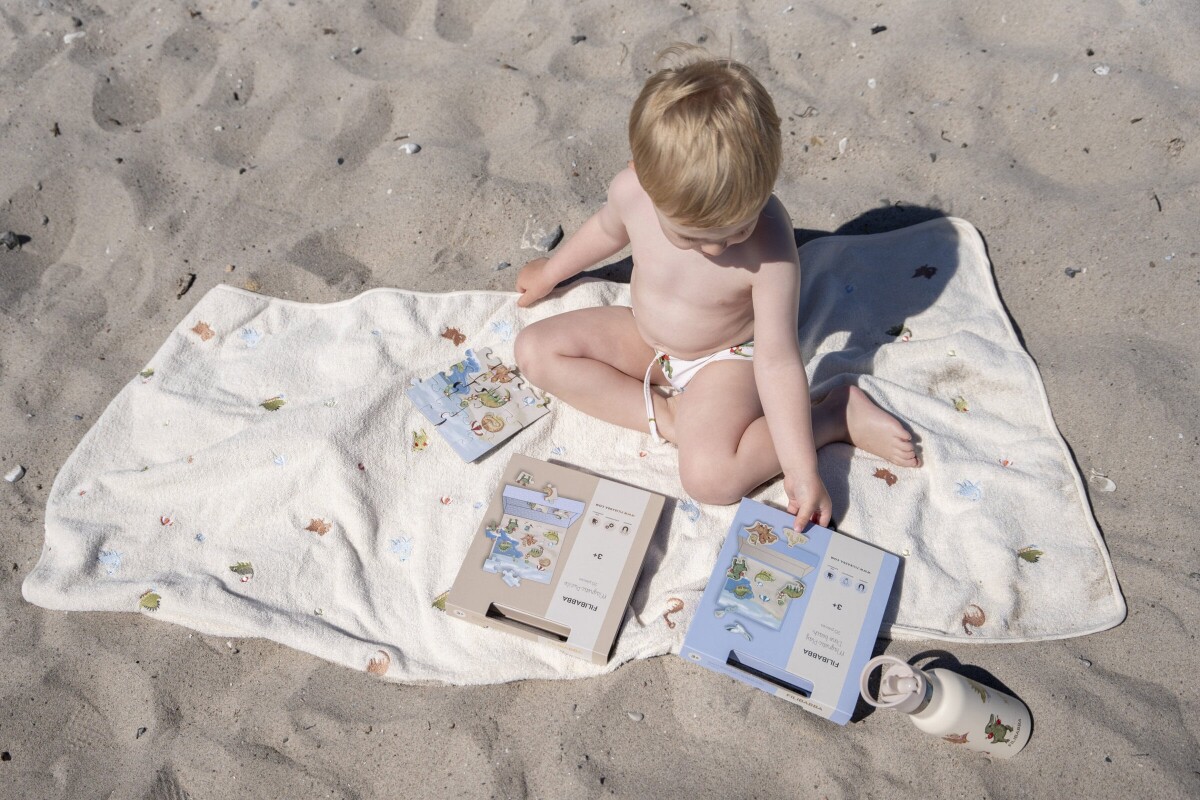 Filibabba - Badehåndklæde Med Hætte Til Børn - Dino Strand - Hvid