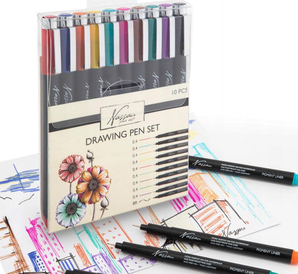 Fineliner - Tusser Sæt - 0 4 Mm - Nassau Fine Art - 10 Farver