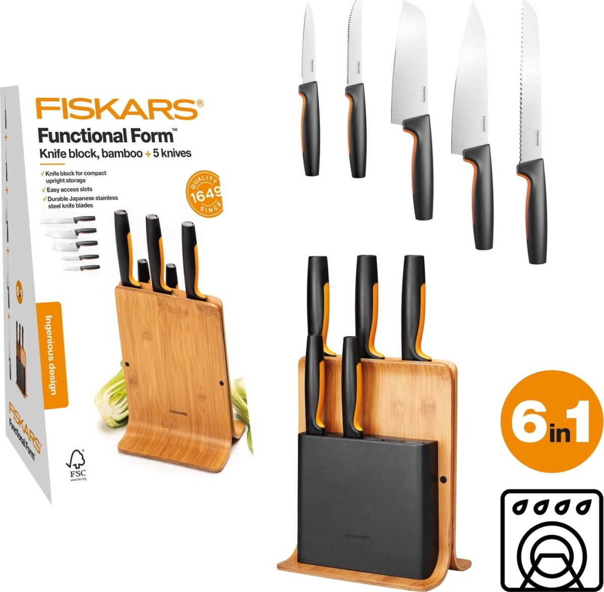 Fiskars - Functional Form - Knivsæt Og Knivblok - 6 Dele - Bambus