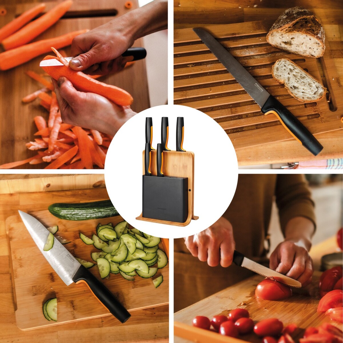 Fiskars - Functional Form - Knivsæt Og Knivblok - 6 Dele - Bambus