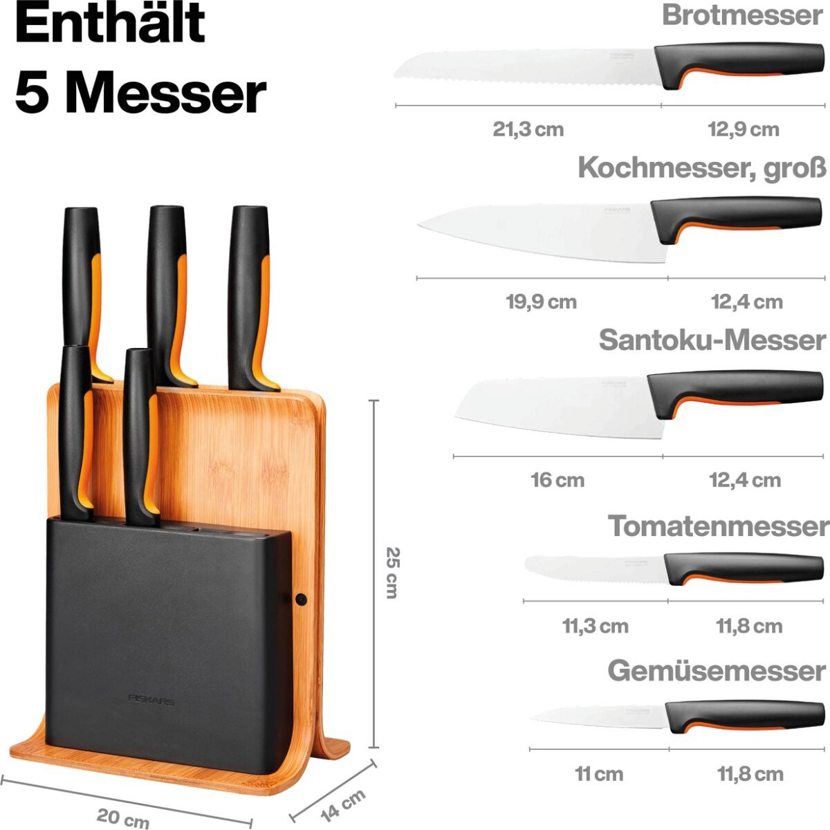 Fiskars - Functional Form - Knivsæt Og Knivblok - 6 Dele - Bambus