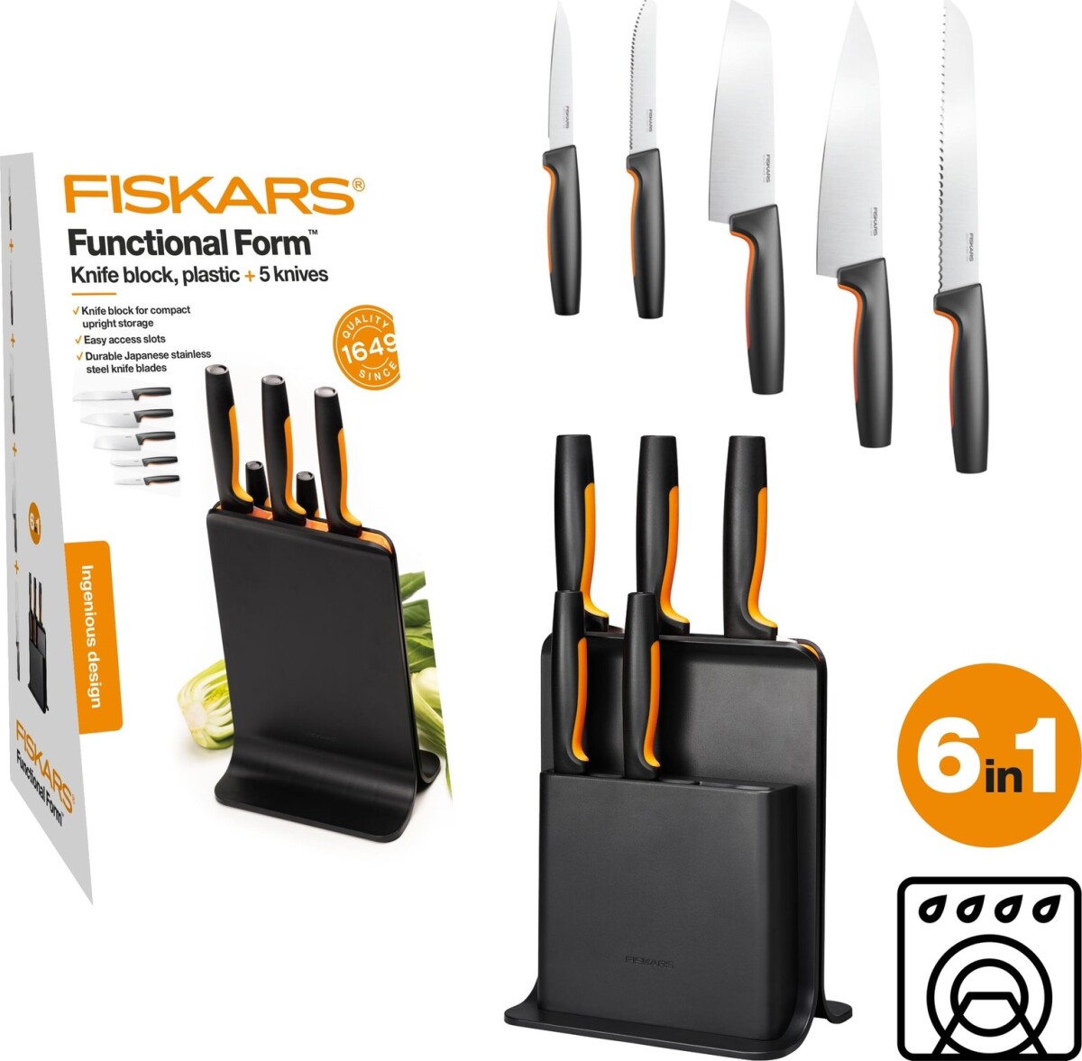 Fiskars - Functional Form - Knivsæt Og Knivblok - 6 Dele - Sort