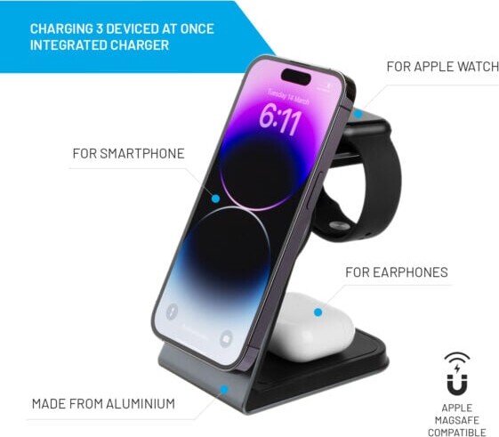 Fixed - 3In1 Mag Aluminum Wireless Charging Station Black
