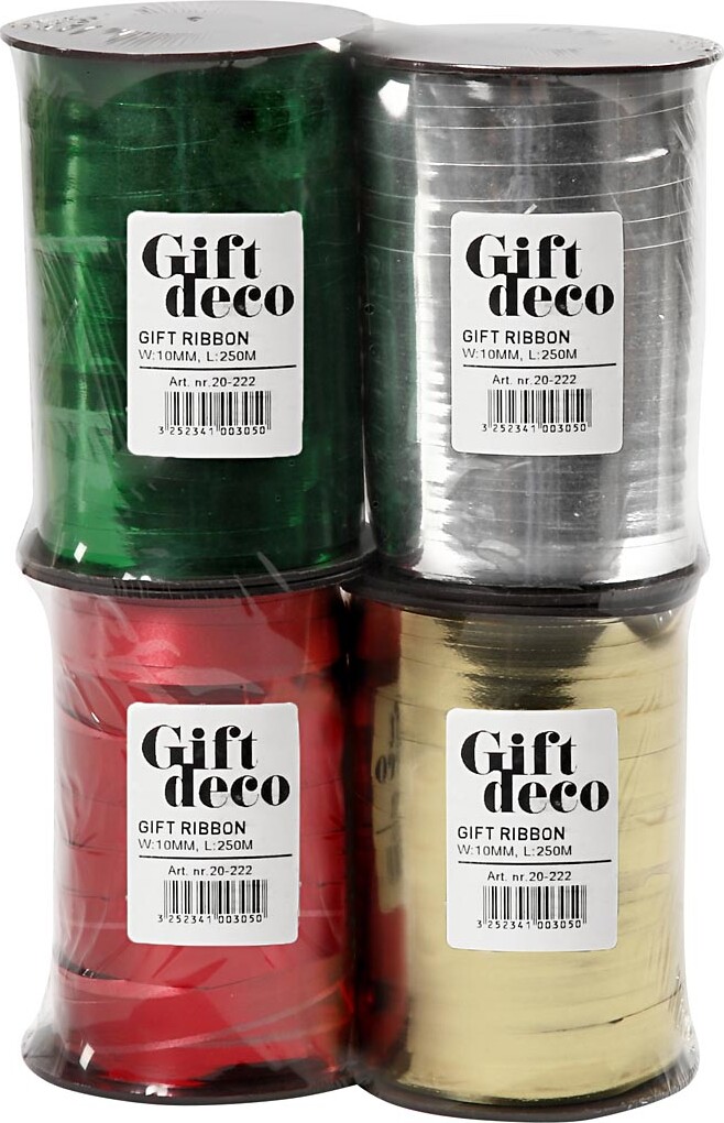 Gavebånd - Guld Sølv Rød Grøn - B 10 Mm - Blank - 4X250 M