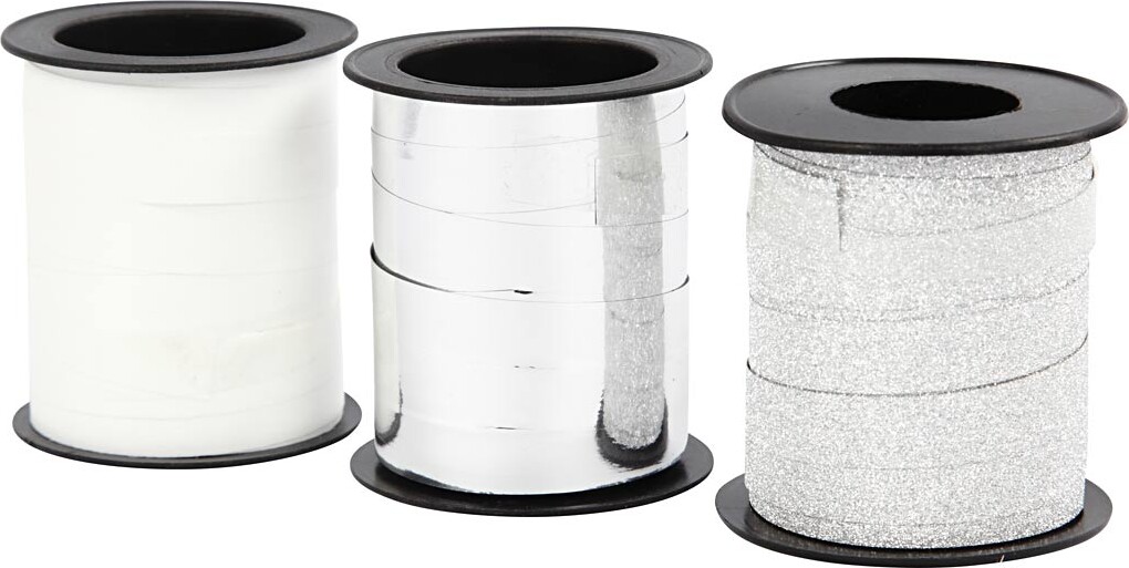 Gavebånd - Sølv Glitter - Sølv - Hvid - B 10 Mm - 3X15 M