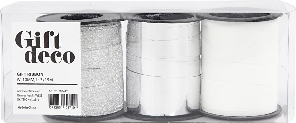 Gavebånd - Sølv Glitter - Sølv - Hvid - B 10 Mm - 3X15 M