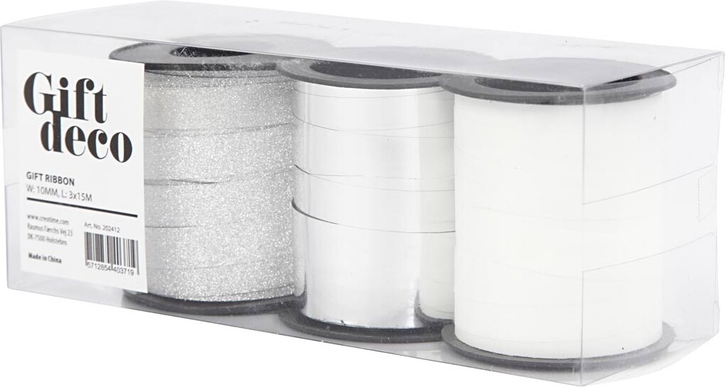 Gavebånd - Sølv Glitter - Sølv - Hvid - B 10 Mm - 3X15 M
