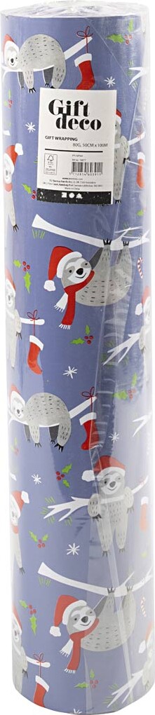 Gavepapir - Dovendyr Med Nissehue - Lilla - B 50 Cm - 80 G - 100 M