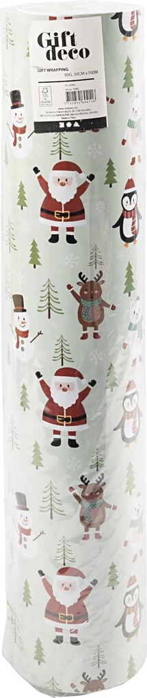 Julegavepapir - 100 M X 50 Cm - Julefigurer Juletræer - Isblå - 80 G
