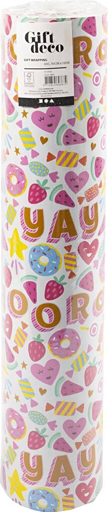 Gavepapir - Slik - Frugt Og Donuts - Lys Turkis - B 50 Cm - 80 G - 100 M