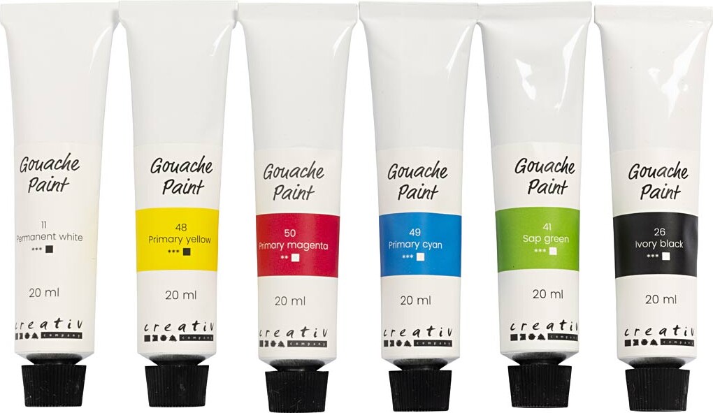 Gouache Maling - Standardfarver - 6X20 Ml