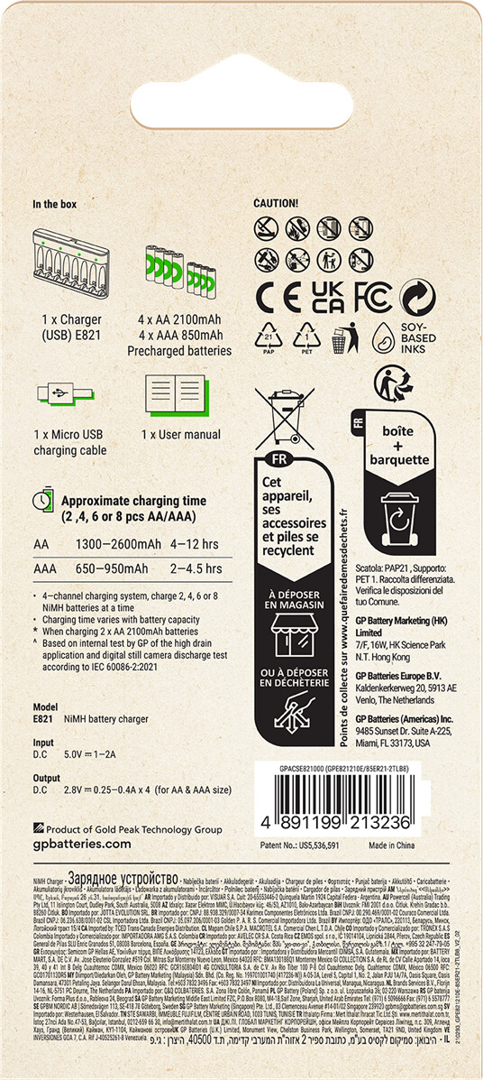 Gp - Recyko Batteri Oplader E821 Usb 4Xaa 2100 4Xaaa 850 Mah Batterier