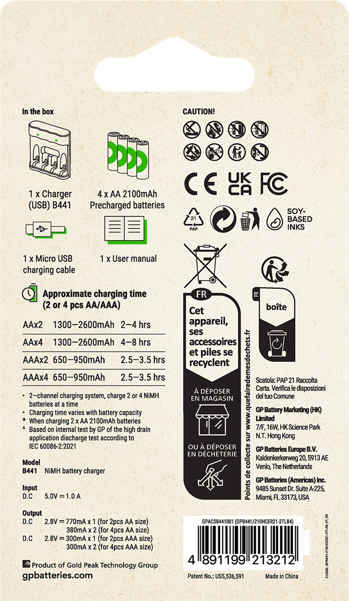 Gp - Recyko Batteri Oplader B441 Usb 4Xaa 2100 Mah Batterier
