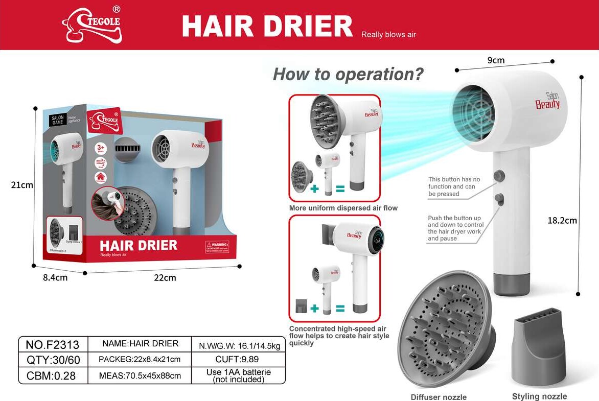 Hårtørrer Legetøj Med Diffuser - Elektrisk - Tegole