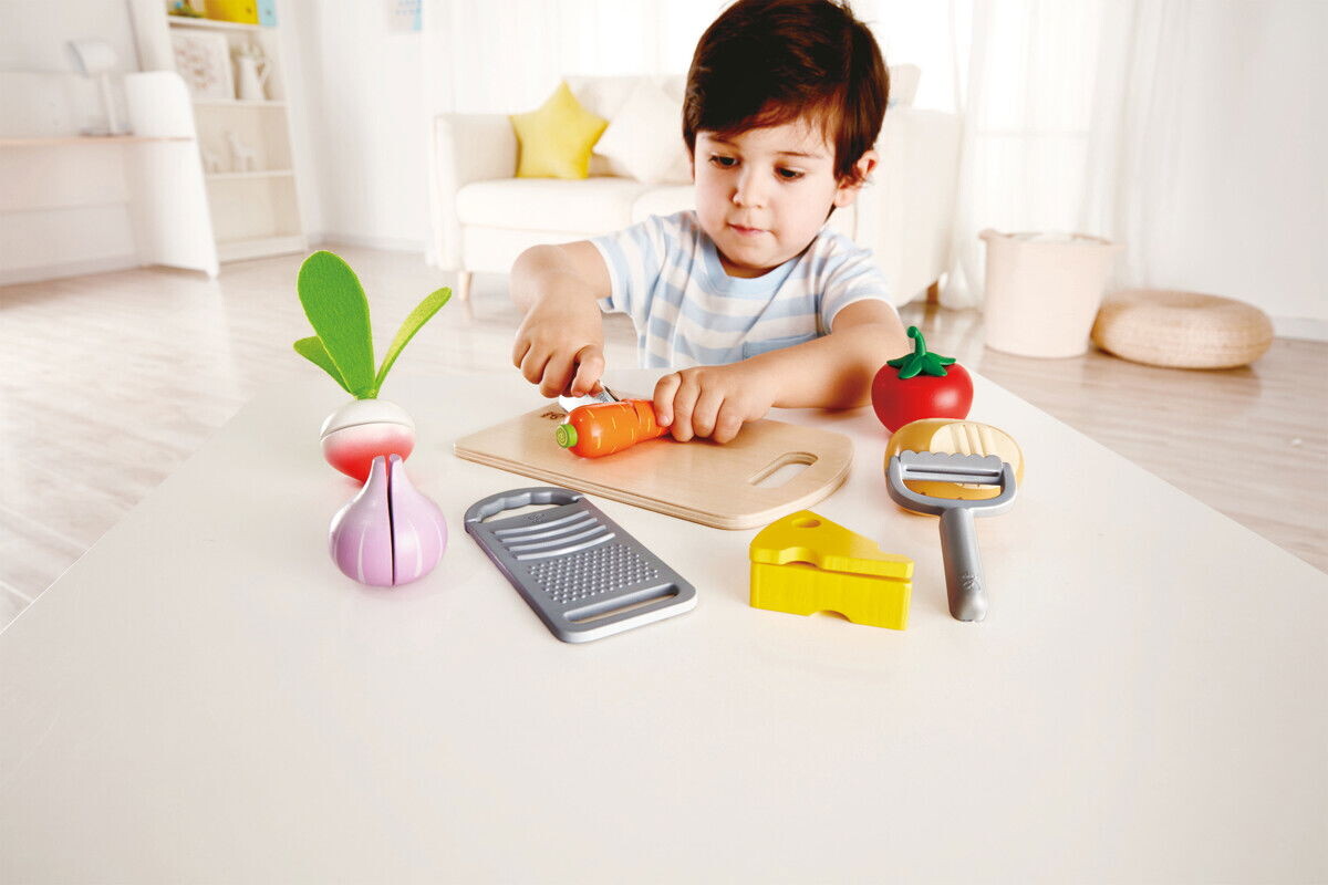 Hape - Legemad - Velcro Grøntsager Med Skærebræt Og Kniv I Træ