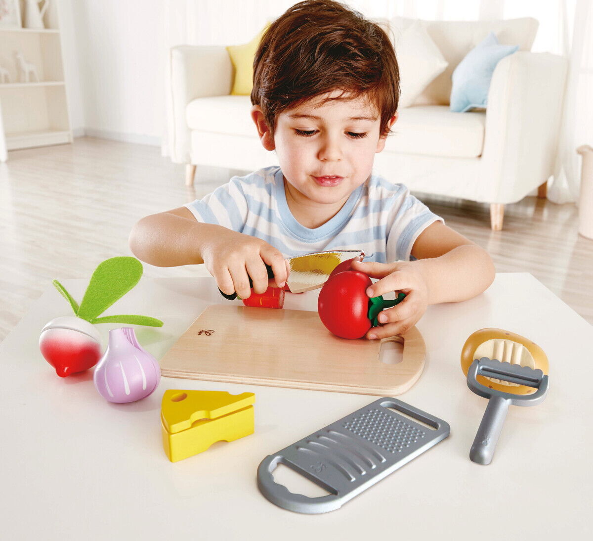 Hape - Legemad - Velcro Grøntsager Med Skærebræt Og Kniv I Træ