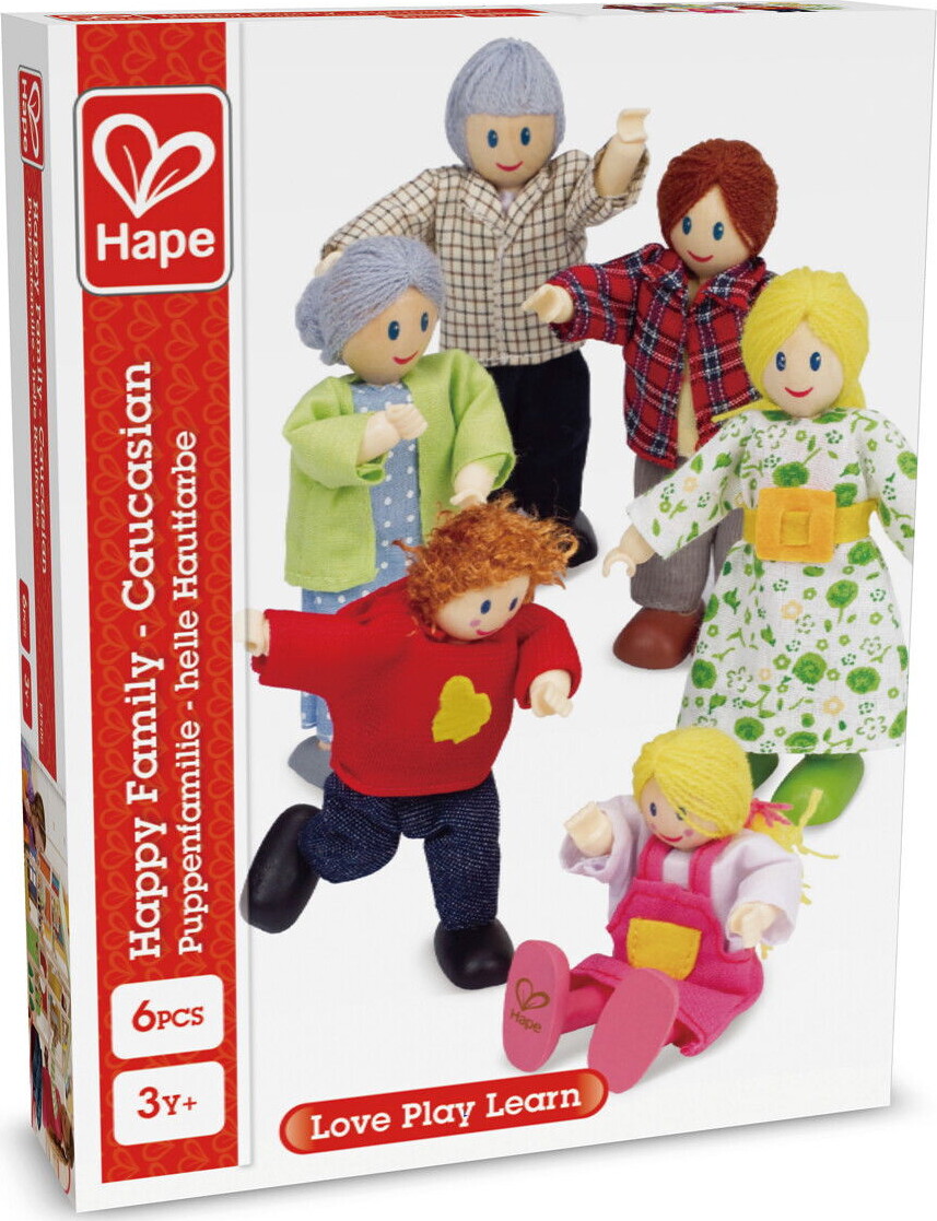 Hape - Happy Family - 6 Caucasian Dukker I Træ