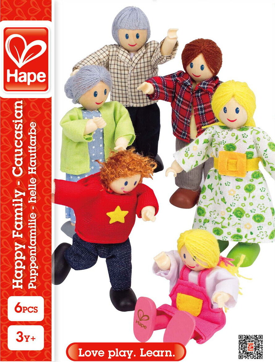 Hape - Happy Family - 6 Caucasian Dukker I Træ