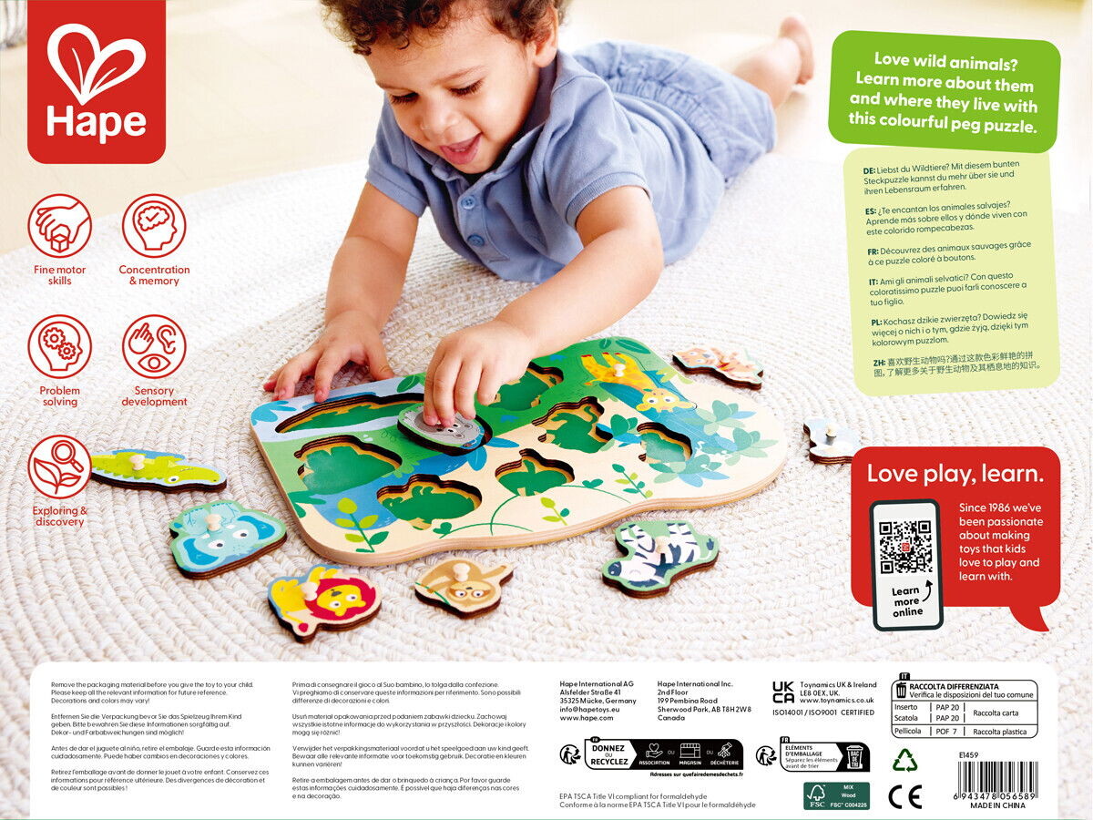 Hape - Wild Animals Peg Puzzle - Vilde Dyr Knoppuslespil